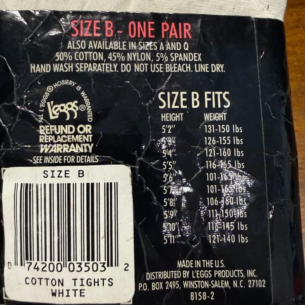 Vintage L'eggs L'eggswear White Cotton Tights Size B NOS NIP 80s 90s Retro Hosie